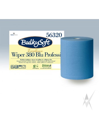 Valomasis popierius BULKYSOFT, 3 sl., 380 metrų, celiuliozė, mėlynos spalvos. Dėžeje - 1 ritinys